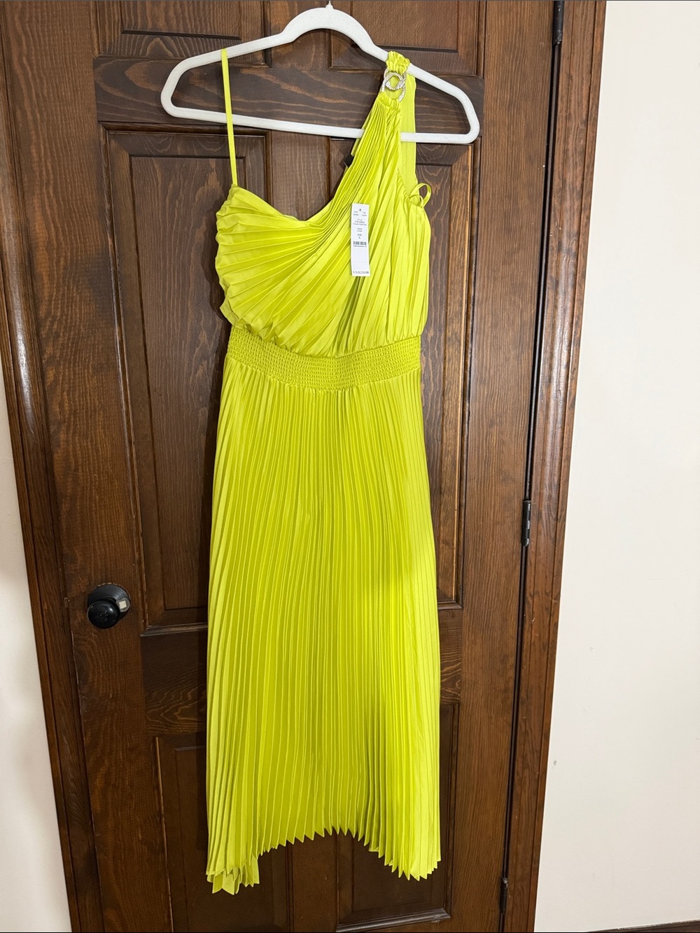 White House Black Market Neon Yellow One-Shoulder Pleated Midi Dress